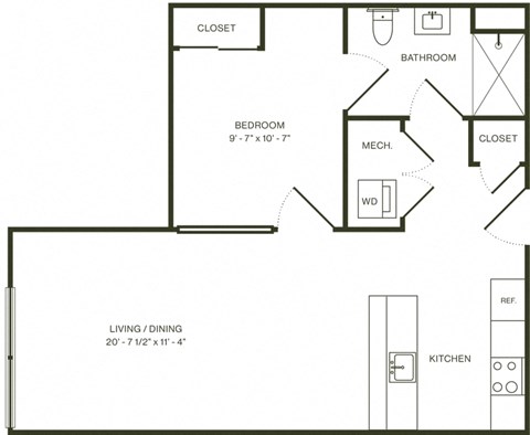 Floor plan for 1 bed, 1 bath, 648 sqft